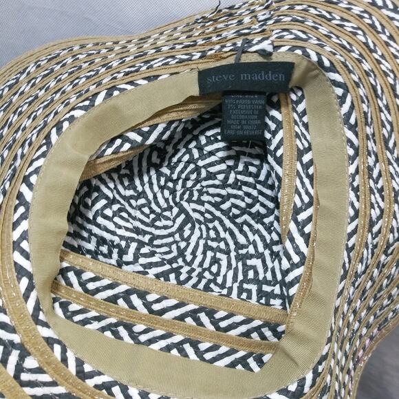 Steve Madden White Black Paper Straw Khaki Sun Hat Wide Brim One Size - Picture 7 of 10